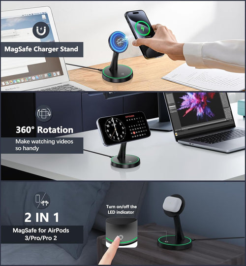 2-Pack Magnetic Wireless Charging Stand with 15W Fast Charging & LED Light