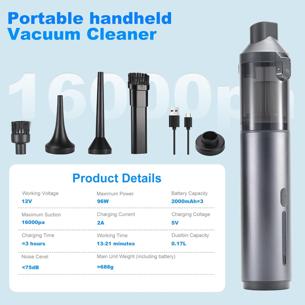 Voice-tank 4-in-1 Cordless Handheld Car Vacuum with 16000Pa Suction & LED Display