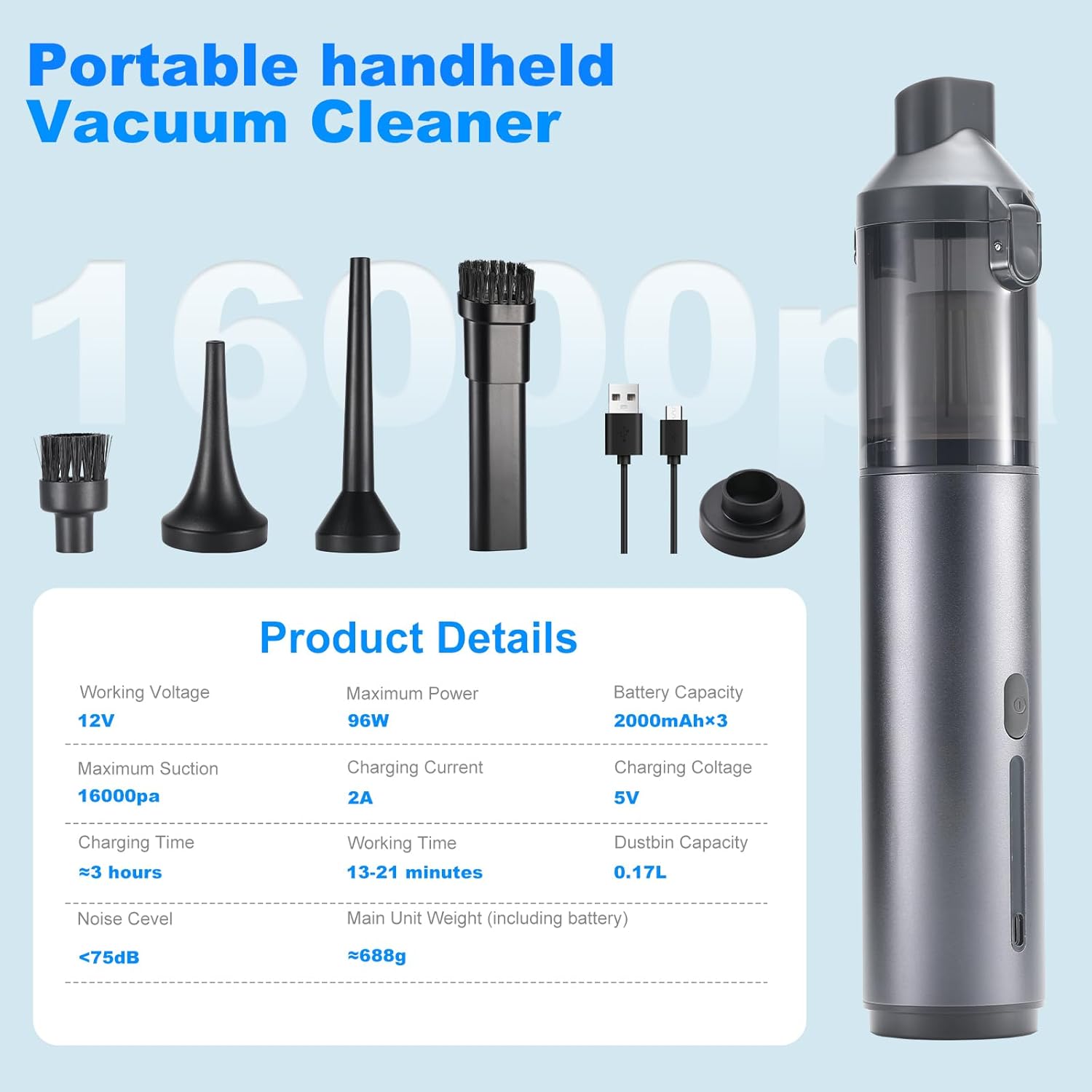 Voice-tank 4-in-1 Cordless Handheld Car Vacuum with 16000Pa Suction & LED Display