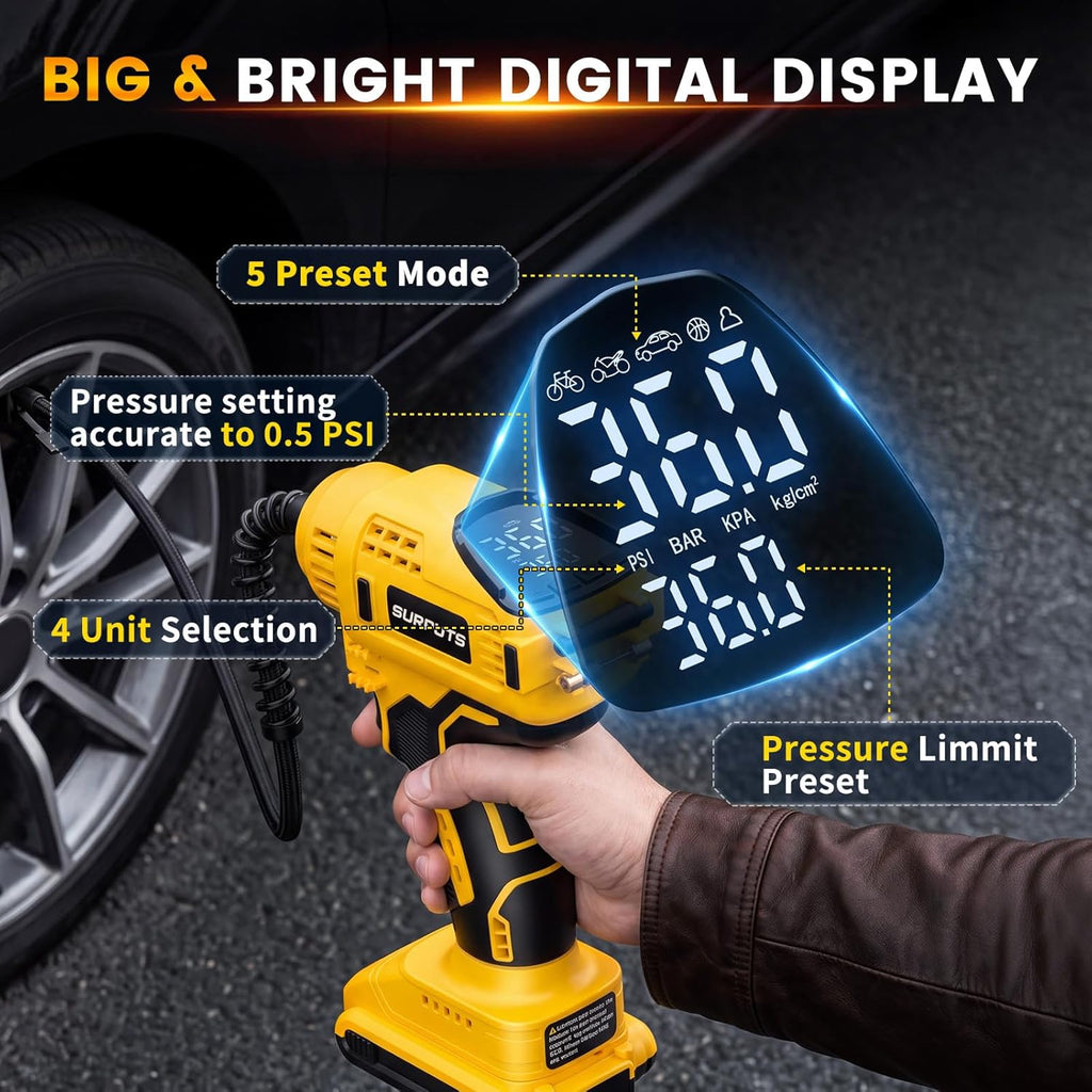 Tire Inflator Air Compressor Compatible with Dewalt 20V Battery, 150PSI Cordless Portable Air Pump with Digital Pressure & Auto Shut-Off, LED Light for Car Motorcycles Bike Ball (Tool Only)
