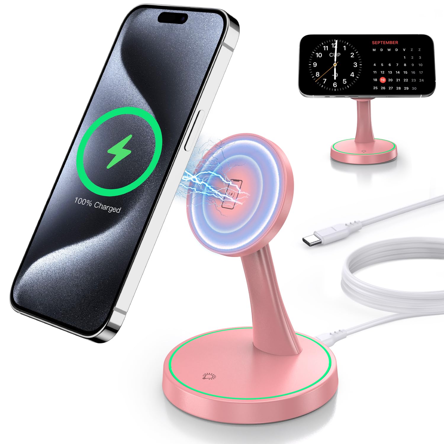 Magnetic Wireless Charger Stand 15W Fast Mag-Safe Charger for iPhone 17/17 pro/ 17 Air/ 17 pro max 16/15/14/13/12 Series Magnet Wireless Charging Station/Pad with Sleep-Friendly Light for AirPods