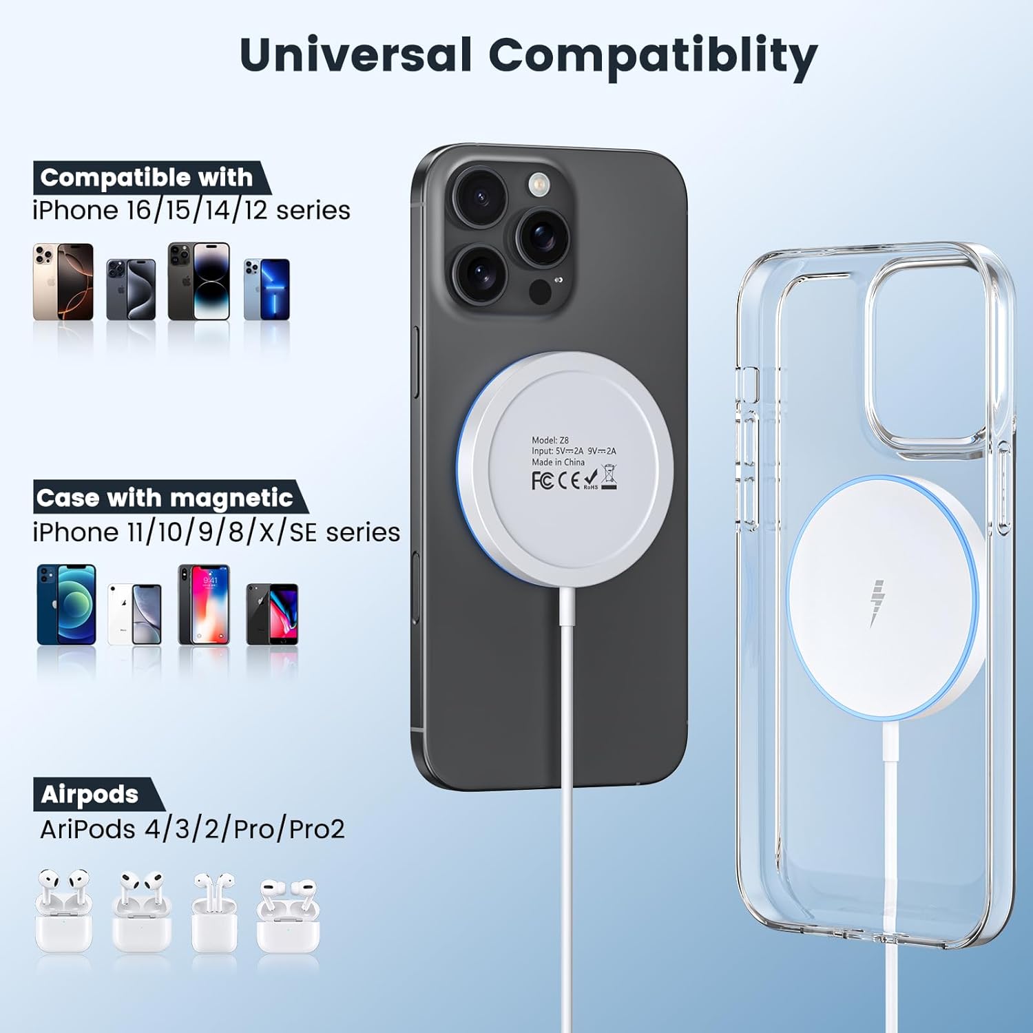 2-Pack 15W Magnetic Charging Pad for iPhone & AirPods with LED Light