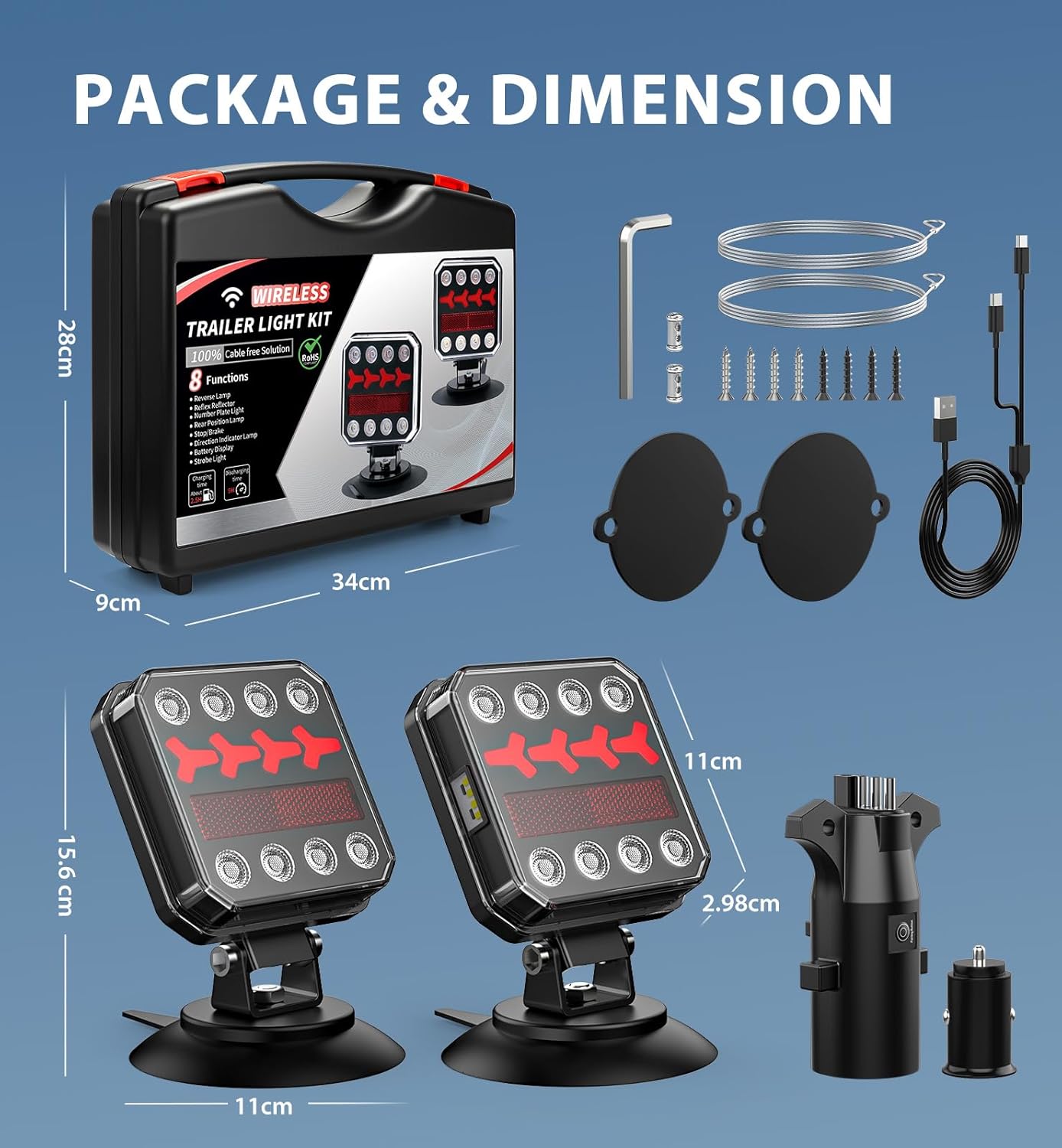 Wireless Bluetooth Magnetic Trailer Lights, Fast Charging LED Trailer Light Kit, IP65 Waterproof,10H Battery, 100FT Range for Trailer,Truck, RV, Camper,Boat – Brake,Turn,Reverse & Hazard Safety Lights