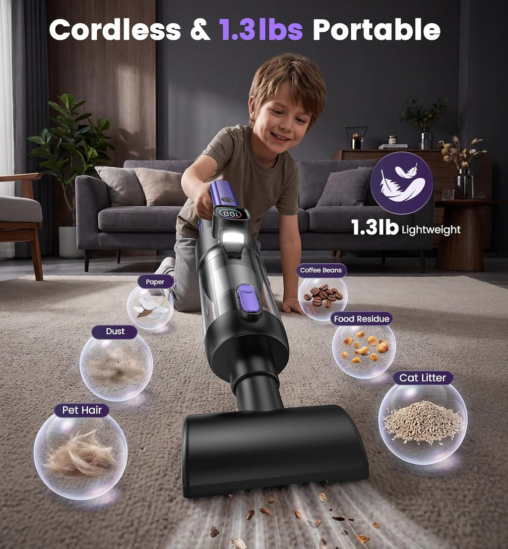 Car Vacuum Portable Cordless, 4-in-1 18000Pa Handheld Vacuum Cordless with LED Light, 120W Brushless Motor, 6000mAh Rechargeable Hand Mini Vacuum with Multi-Nozzles for Car, Home, Office & Pet Hair