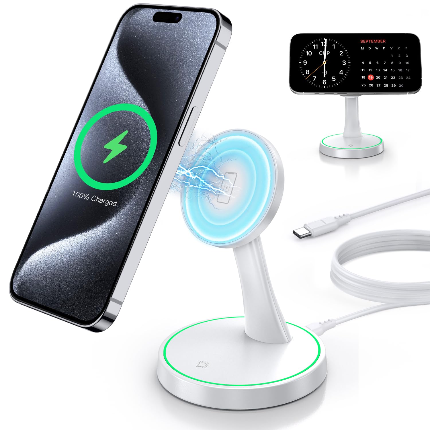 Magnetic Wireless Charger Stand 15W Fast Mag-Safe Charger for iPhone 17/17 pro/ 17 Air/ 17 pro max 16/15/14/13/12 Series Magnet Wireless Charging Station/Pad with Sleep-Friendly Light for AirPods