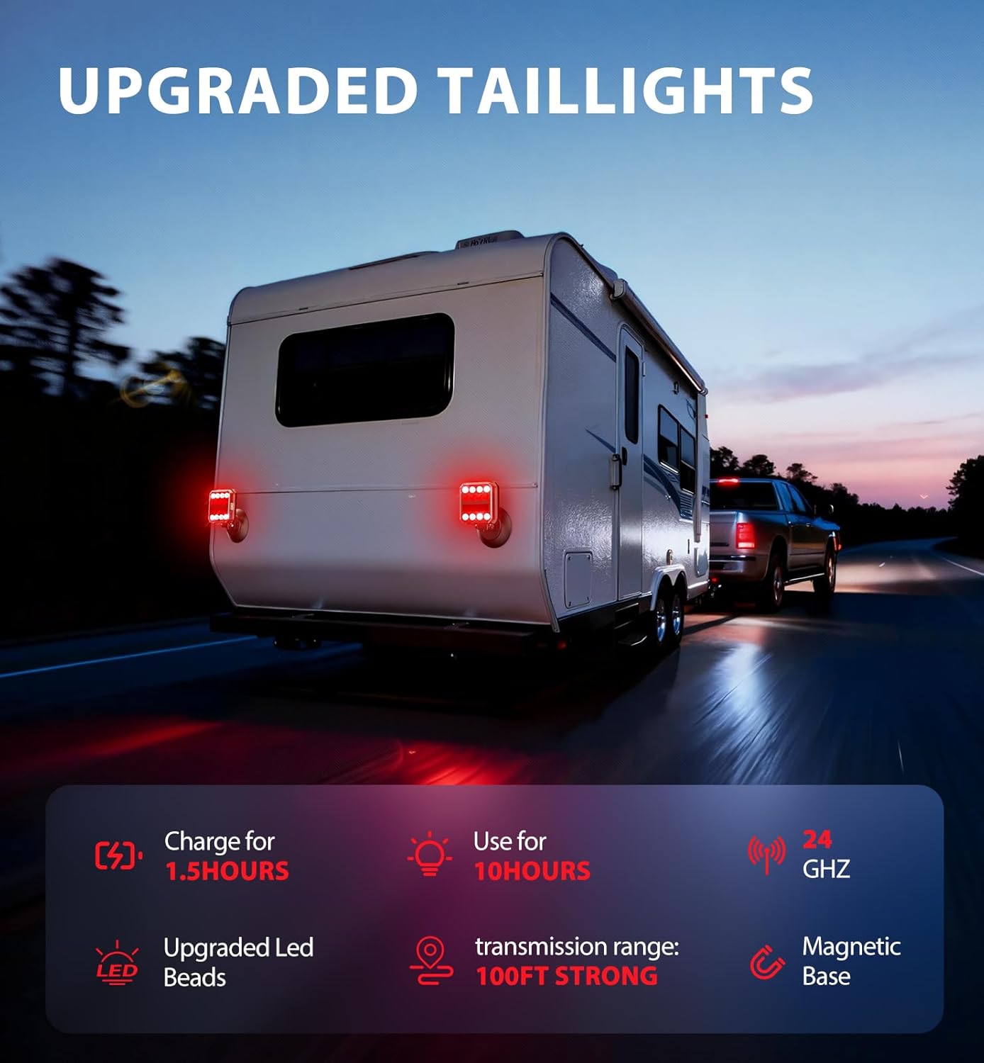 Wireless Bluetooth Magnetic Trailer Lights, Fast Charging LED Trailer Light Kit, IP65 Waterproof,10H Battery, 100FT Range for Trailer,Truck, RV, Camper,Boat – Brake,Turn,Reverse & Hazard Safety Lights