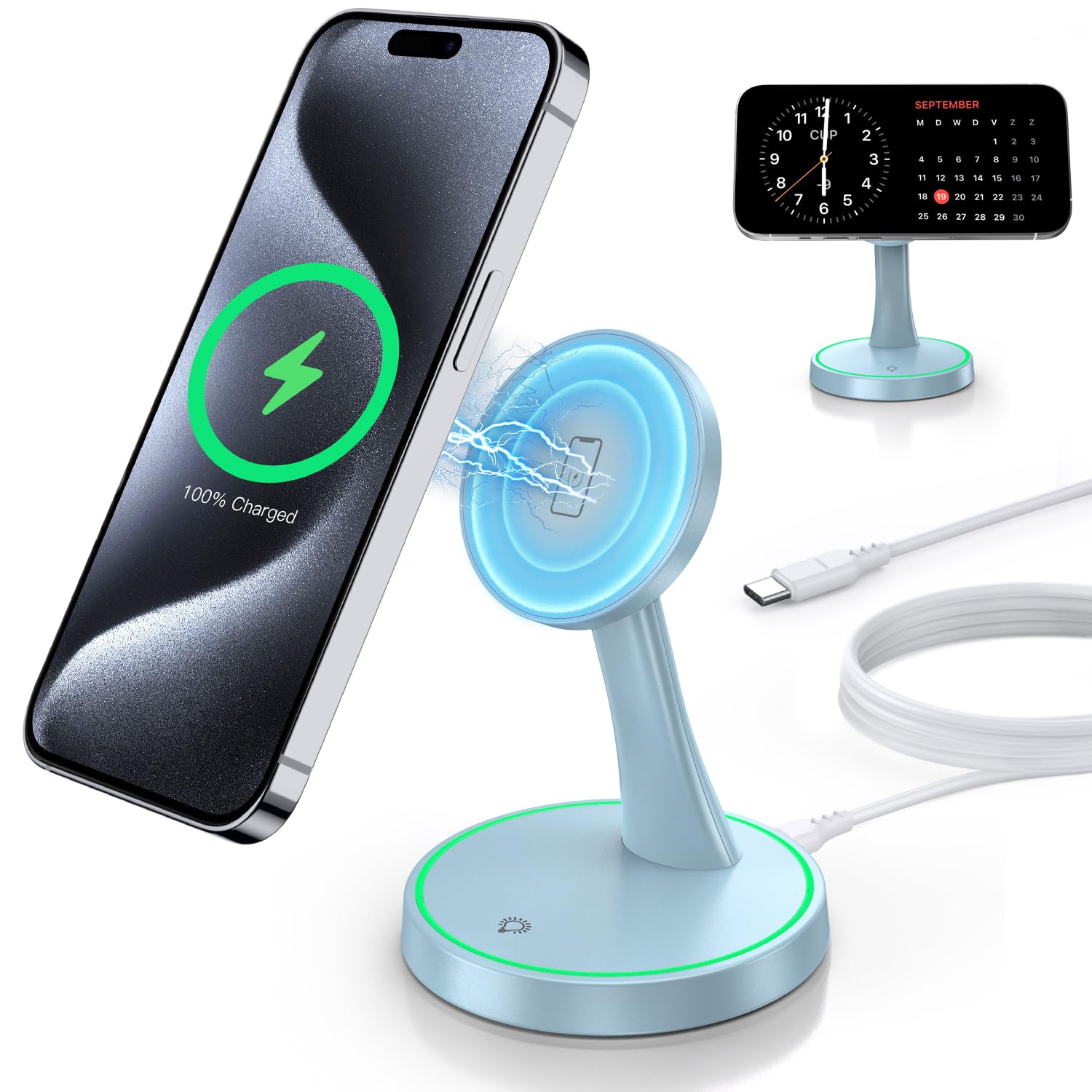 2-Pack Magnetic Wireless Charging Stand with 15W Fast Charging & LED Light