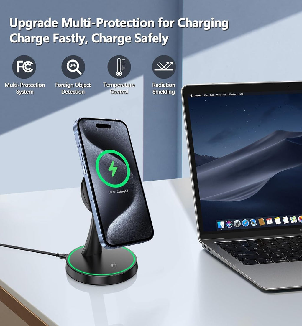 2-Pack Magnetic Wireless Charging Stand with 15W Fast Charging & LED Light