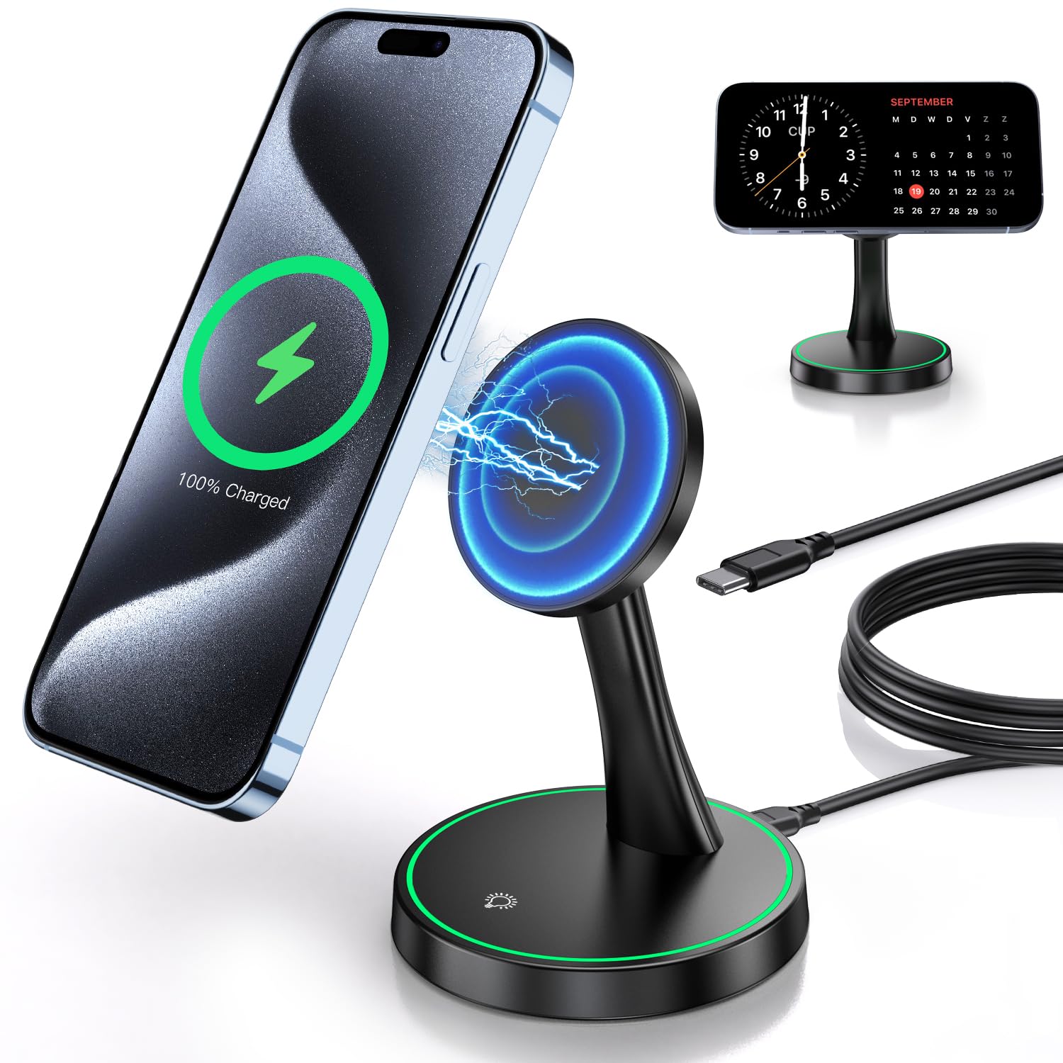 2-Pack Magnetic Wireless Charging Stand with 15W Fast Charging & LED Light