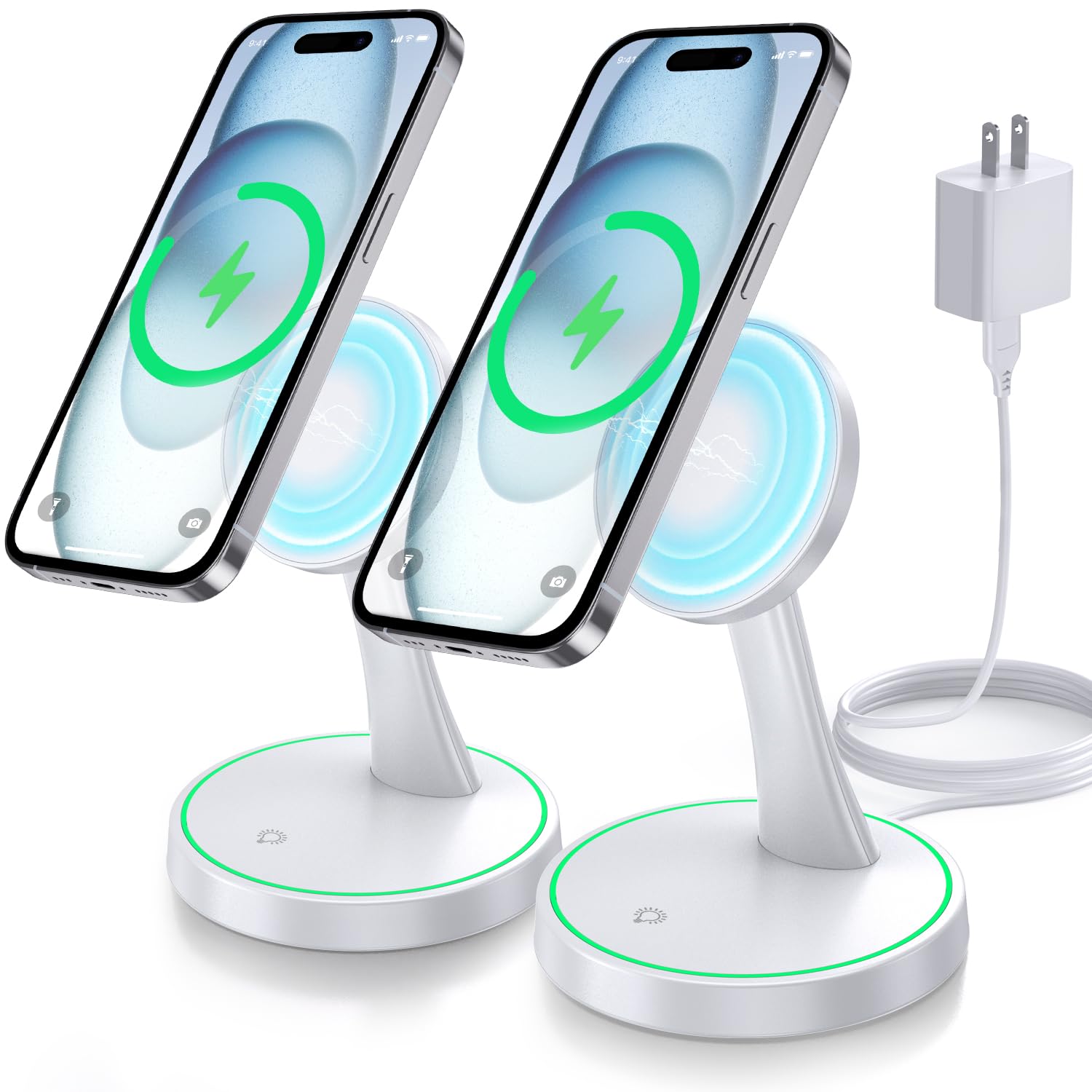 2-Pack Magnetic Wireless Charging Stand with 15W Fast Charging & LED Light