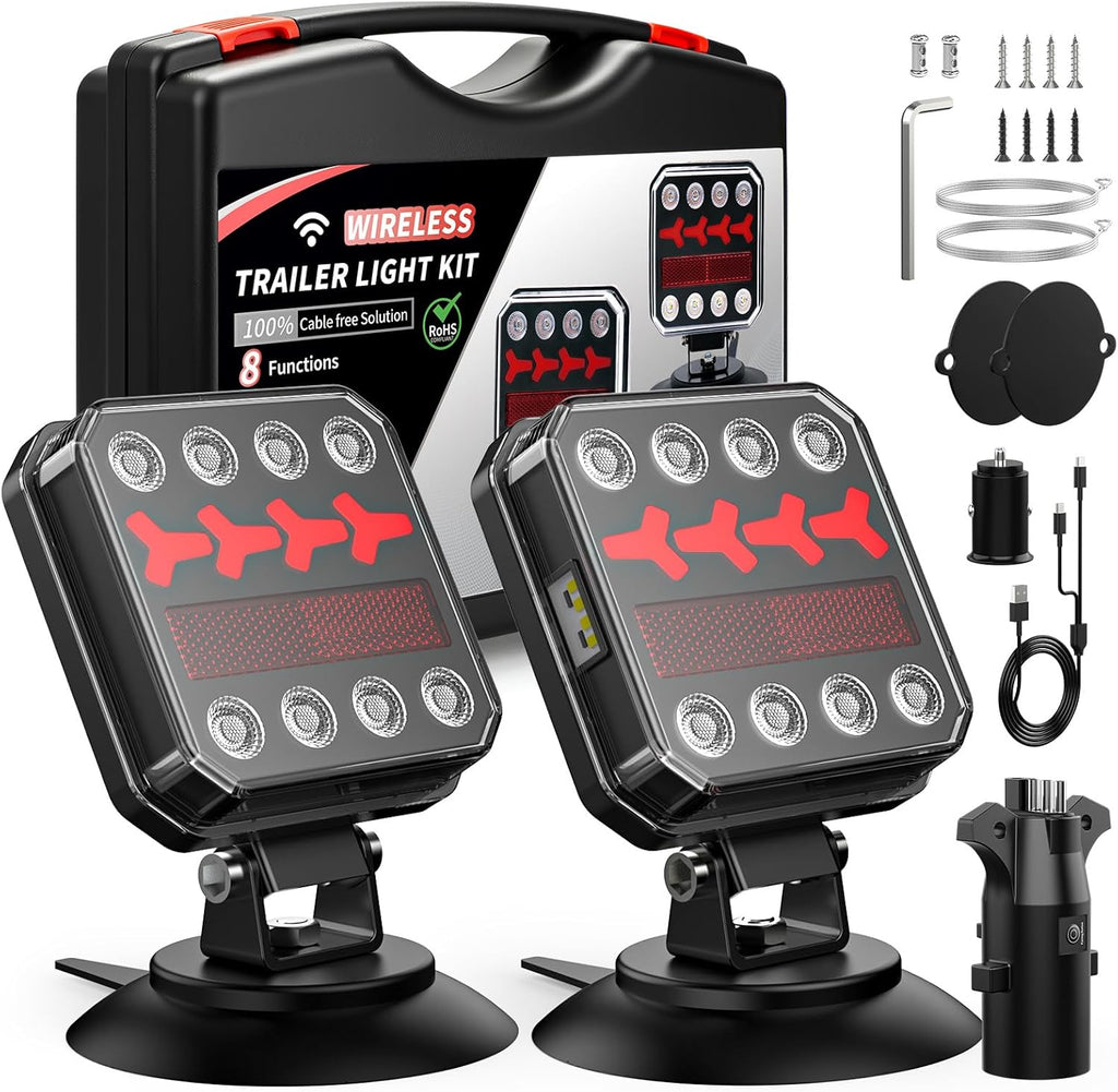 Wireless Bluetooth Magnetic Trailer Lights, Fast Charging LED Trailer Light Kit, IP65 Waterproof,10H Battery, 100FT Range for Trailer,Truck, RV, Camper,Boat – Brake,Turn,Reverse & Hazard Safety Lights