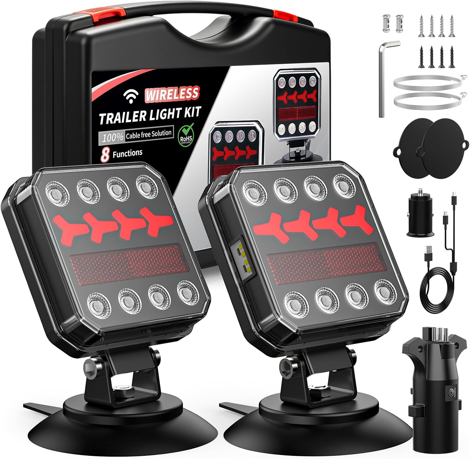 Wireless Bluetooth Magnetic Trailer Lights, Fast Charging LED Trailer Light Kit, IP65 Waterproof,10H Battery, 100FT Range for Trailer,Truck, RV, Camper,Boat – Brake,Turn,Reverse & Hazard Safety Lights