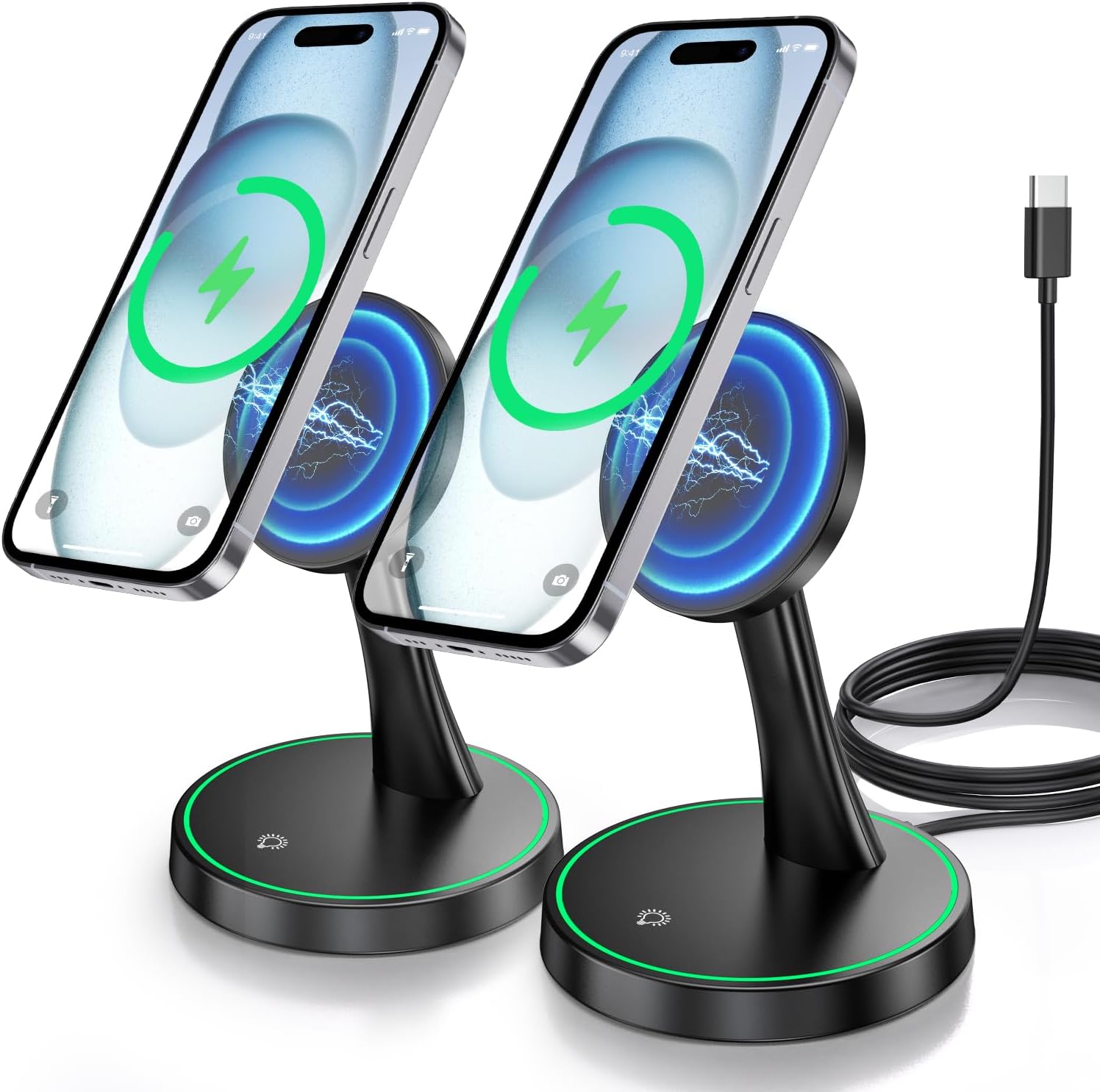 2-Pack Magnetic Wireless Charging Stand with 15W Fast Charging & LED Light