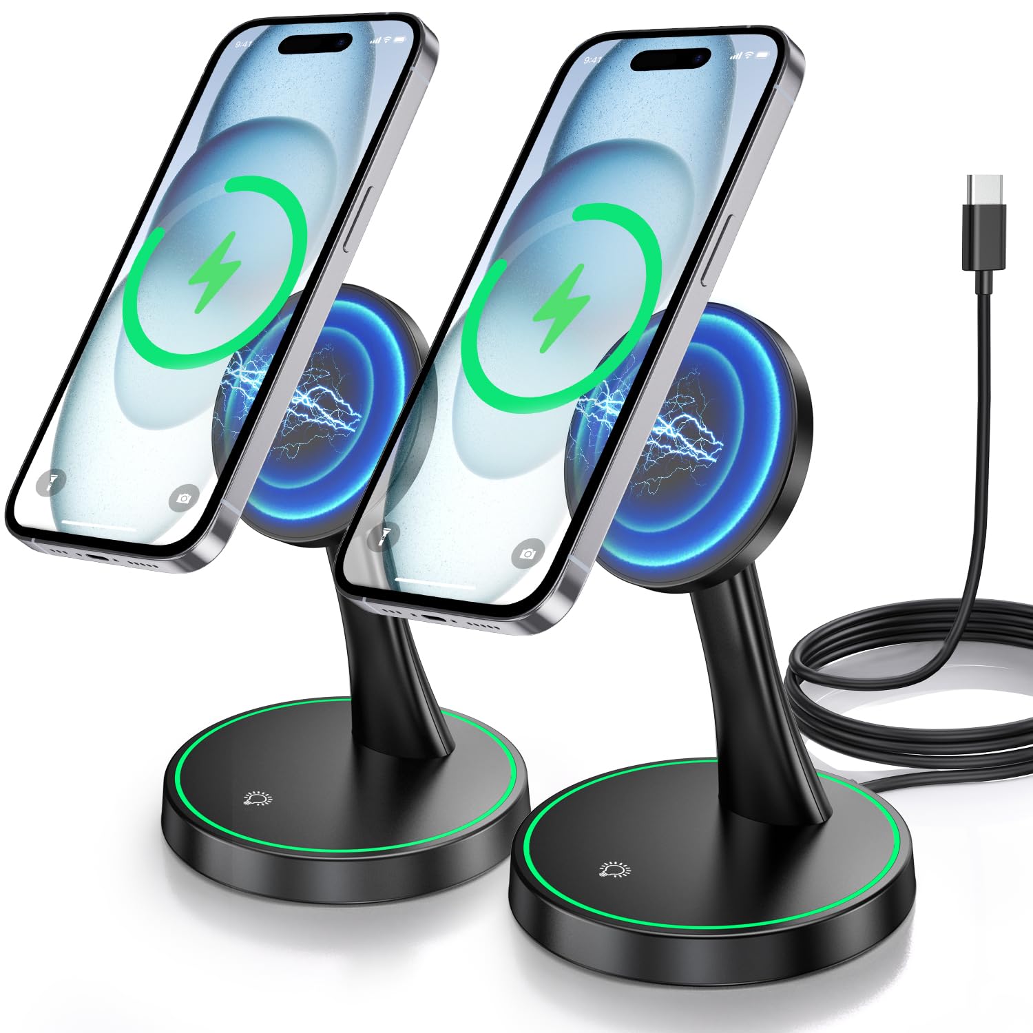 2-Pack Magnetic Wireless Charging Stand with 15W Fast Charging & LED Light