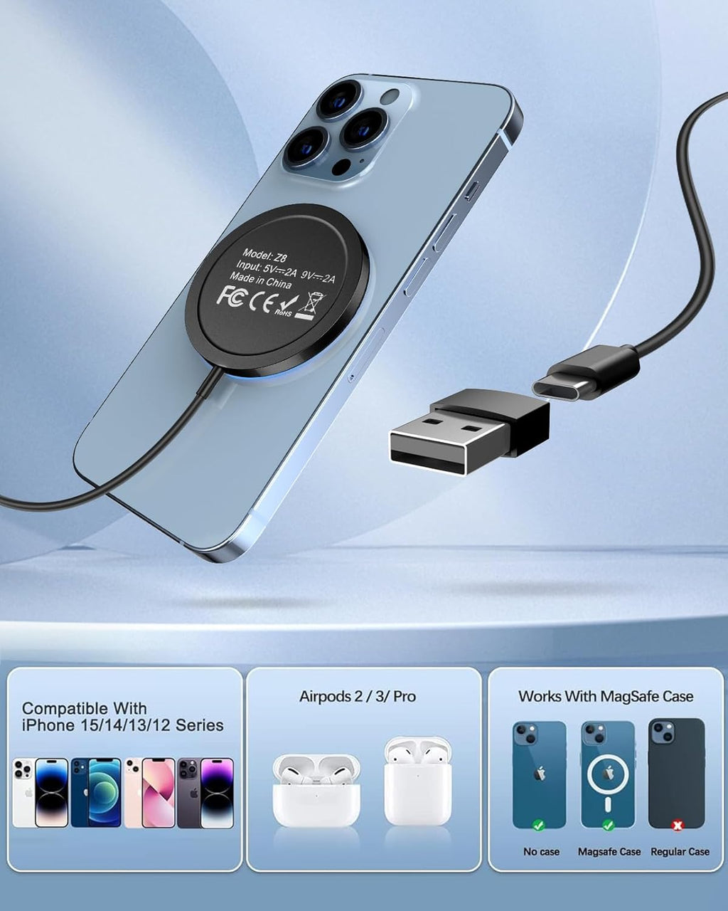 2-Pack Magnetic Wireless Charger with 15W Fast Charging & Dual Ports
