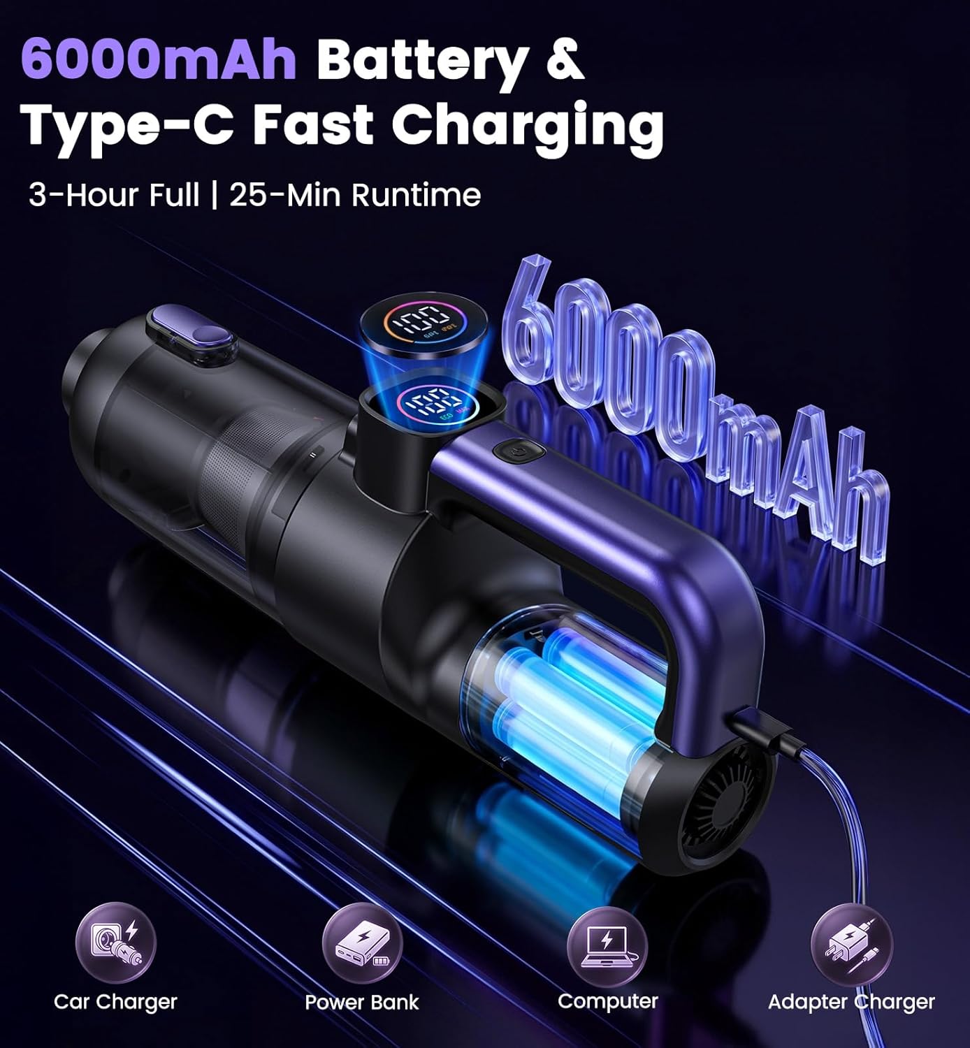 Car Vacuum Portable Cordless, 4-in-1 18000Pa Handheld Vacuum Cordless with LED Light, 120W Brushless Motor, 6000mAh Rechargeable Hand Mini Vacuum with Multi-Nozzles for Car, Home, Office & Pet Hair