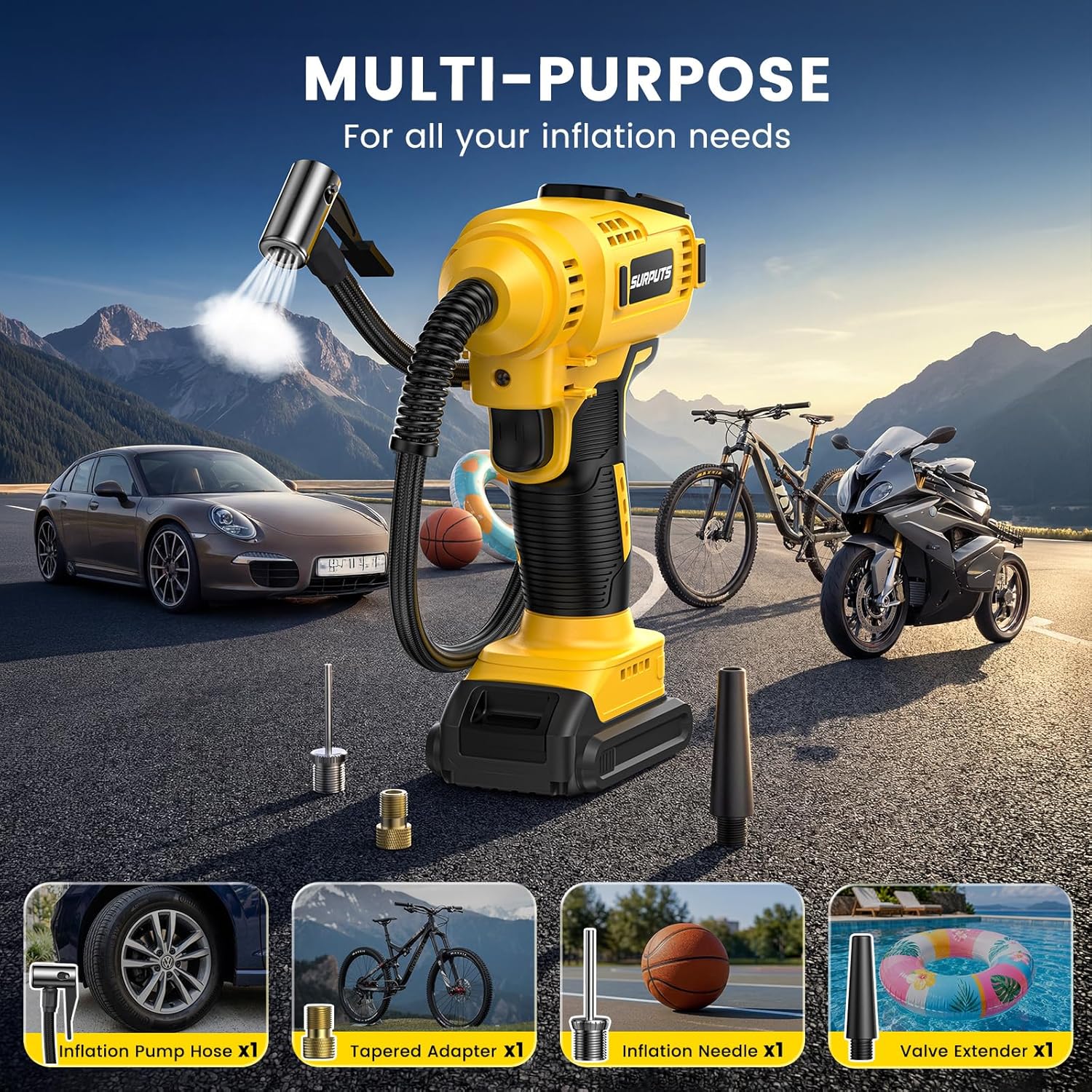 Tire Inflator Air Compressor Compatible with Dewalt 20V Battery, 150PSI Cordless Portable Air Pump with Digital Pressure & Auto Shut-Off, LED Light for Car Motorcycles Bike Ball (Tool Only)